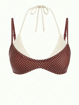 Brown Polka Dot Print Double Layer 2 In 1 Bikini Top