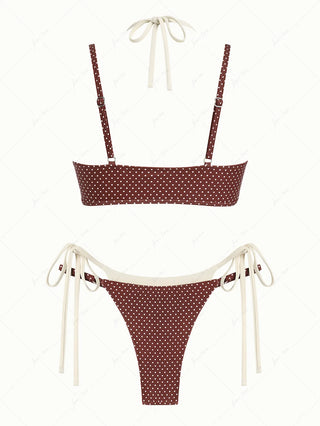 Brown Polka Dot Print Tie Side Double Layer Bikini Set