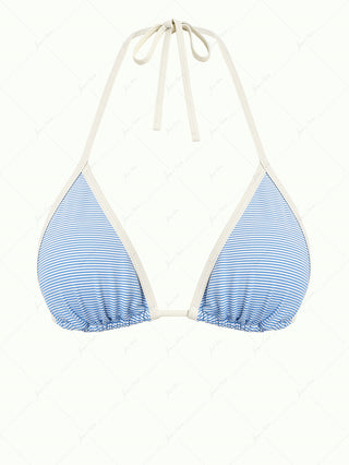 Sky Blue Striped Contrast Binding Halter Triangle Bikini Top