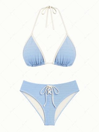 Sky Blue Striped Contrast Binding Halter Triangle Half-Cover Bikini Set