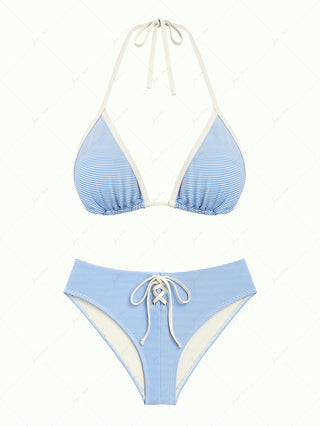 Sky Blue Striped Contrast Binding Halter Triangle Half-Cover Bikini Set