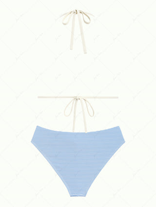 Sky Blue Striped Contrast Binding Halter Triangle Half-Cover Bikini Set
