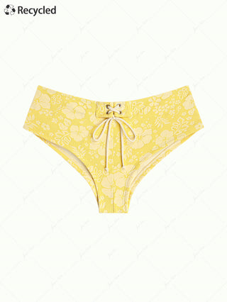 Yellow Recycled Fabric Jacquard Grommet Lace Up Bikini Bottom Cheeky Swim Boyshorts