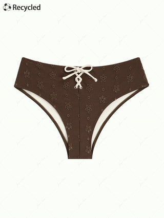 Deep Coffee Recycled Fabric Eyelet Jacquard Lace Up Bikini Bottom