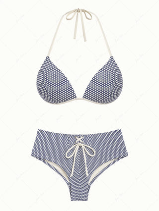 Deep Blue Polka Dot Print Triangle Push Up Top & Cheeky Boyshort Bikini Set