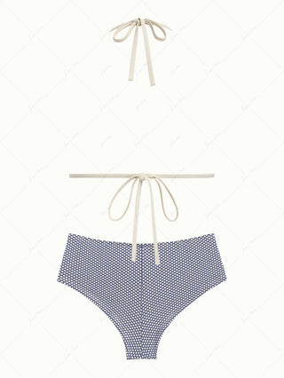 Deep Blue Polka Dot Print Triangle Push Up Top & Cheeky Boyshort Bikini Set