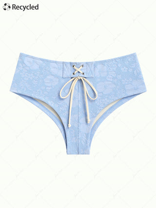 Light Blue Recycled Fabric Jacquard Lace Up Bikini Bottom Cheeky Swim Boyshorts