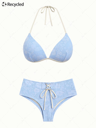 Light Blue Recycled Fabric Jacquard Triangle Push Up Bikini Set