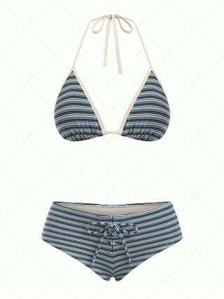 Blue Knit Striped Ribbed Lace-Up Bikini Set