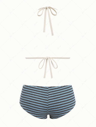 Blue Knit Striped Ribbed Lace-Up Bikini Set