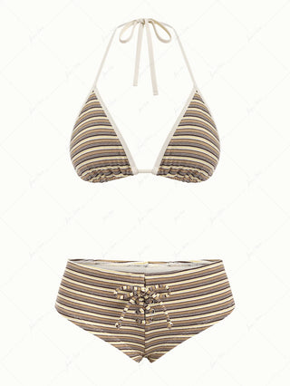 Brown Knit Striped Ribbed Contrast Binding Halter Triangle Bikini Set
