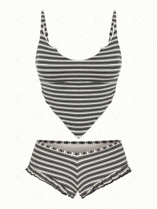 Black Knit Striped Ribbed Hanky Hem Cheeky Boyshorts Tankini Set