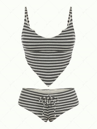 Black Knit Striped Ribbed Hanky Hem Tied Top & Cheeky Boyshorts Tankini Set
