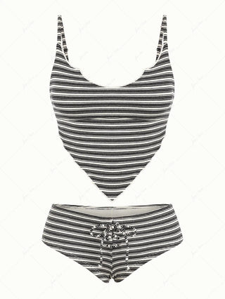 Black Knit Striped Ribbed Hanky Hem Tied Top & Cheeky Boyshorts Tankini Set