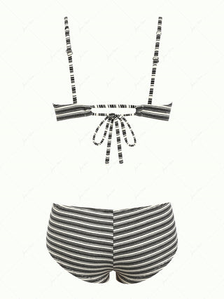 Black Knit Striped Ribbed Hanky Hem Tied Top & Cheeky Boyshorts Tankini Set