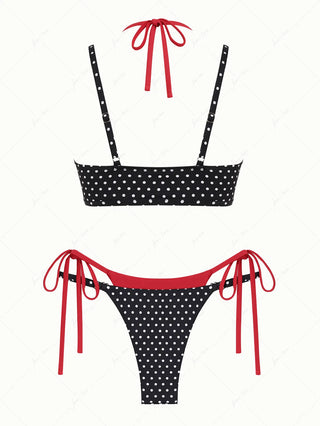 Black Contrast Color Polka Dot Print String Double Layer Bikini Set