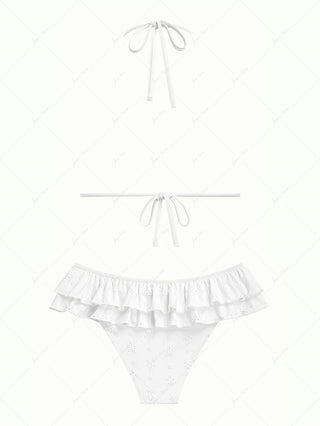 White Recycled Fabric Jacquard Layered Ruffles Triangle Skirtini Bikini Set