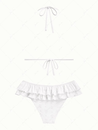 White Recycled Fabric Jacquard Layered Ruffles Triangle Skirtini Bikini Set
