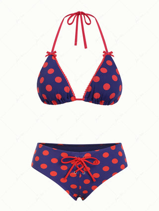 Midnight Blue Polka Dot Lace Bowknot Halter Triangle Half-Cover Bikini Set