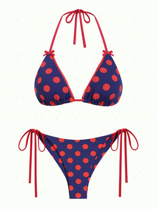 Midnight Blue Polka Dot Lace Bowknot Triangle Top & Cheeky Brazilian Bottom Bikini Set