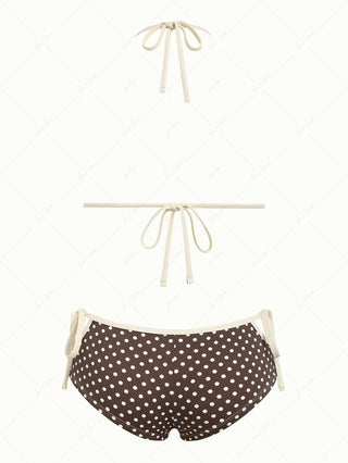 Deep Coffee Polka Dot Lace Bowknot Cutout Tie Side Cheeky Boyshorts Bikini Set