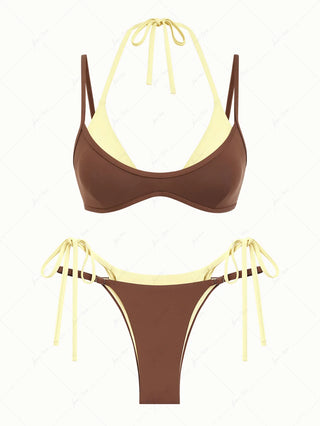 Brown & Yellow Two Tone Tie Side Double Layer Bikini Set