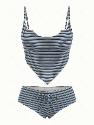 Blue Ribbed Knit Striped Hanky Hem Cheeky Boyshorts Tankini Set