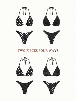 Black Polka Dot Print Halter Triangle Reversible Bikini Set