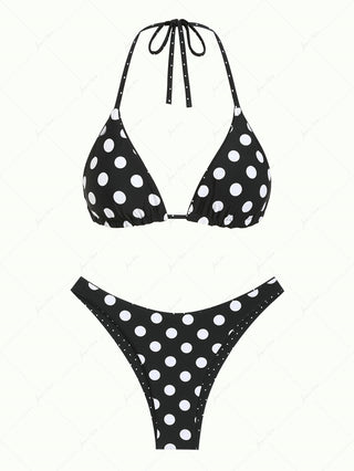 Black Polka Dot Print Halter Triangle Reversible Bikini Set