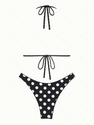 Black Polka Dot Print Halter Triangle Reversible Bikini Set