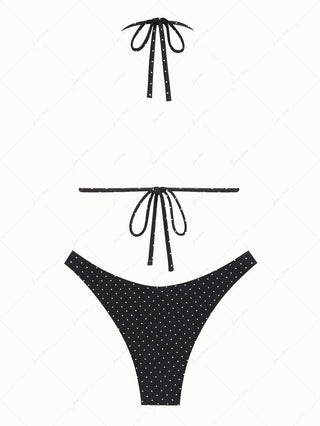 Black Polka Dot Print Halter Triangle Reversible Bikini Set