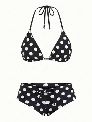 Black Polka Dot Reversible Triangle Top & Cheeky Boyshort Bikini Set