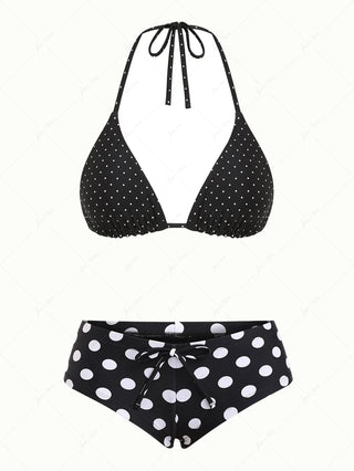 Black Polka Dot Reversible Triangle Top & Cheeky Boyshort Bikini Set