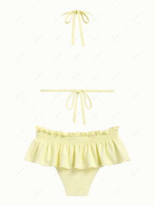 Light Yellow Textured Knit Fabric Lace Bowknot Triangle Skirtini Bikini Set