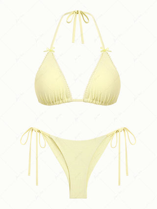 Light Yellow Textured Knit Fabric Triangle Top & Cheeky Brazilian Bottom Bikini Set