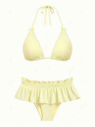 Light Yellow Textured Knit Fabric Lace Bowknot Triangle Skirtini Bikini Set