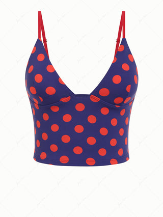 Midnight Blue Polka Dot Print Plunging Neck Cami Tankini Top