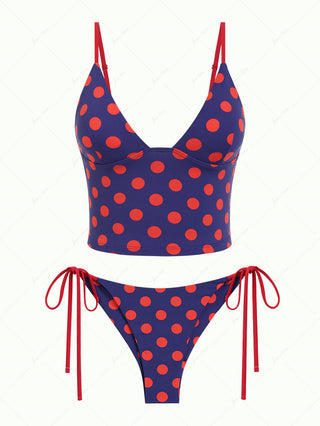 Midnight Blue Polka Dot Print Cami Tank Top & Cheeky Brazilian Bottom Tankini Set