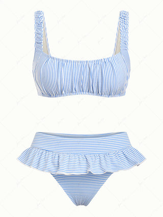 Light Blue Striped Ruched Tank Style Peplum Skirtini Bikini Set