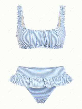 Light Blue Striped Ruched Tank Style Peplum Skirtini Bikini Set