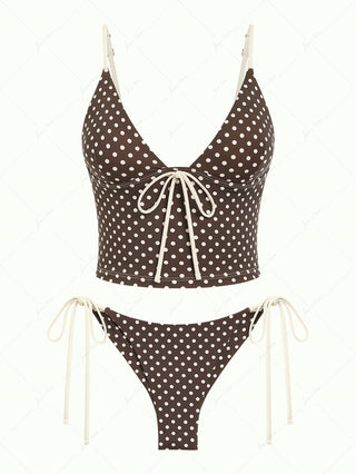 Deep Coffee Polka Dot Bowknot Cami Tank Top & Cheeky Brazilian Bottom Tankini Set