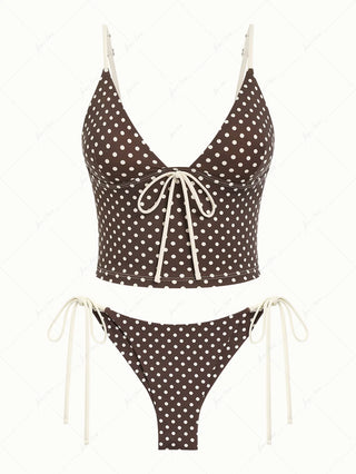 Deep Coffee Polka Dot Bowknot Cami Tank Top & Cheeky Brazilian Bottom Tankini Set