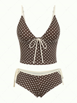 Deep Coffee Polka Dot Bowknot Cami Tank Top & Cheeky Boyshorts Tankini Set