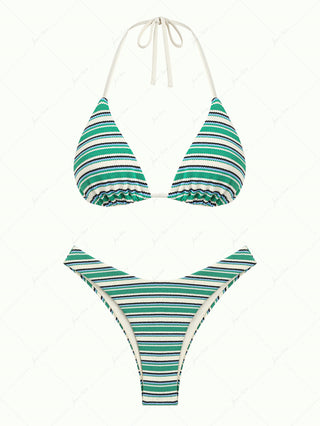 Green Knit Striped Textured Halter Triangle Bikini Set