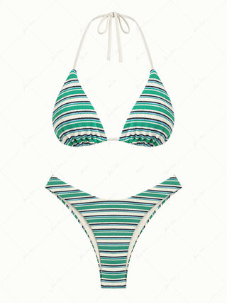 Green Knit Striped Textured Halter Triangle Bikini Set