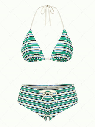 Green Knit Striped Textured Triangle Cheeky Boyshorts Bikini Set