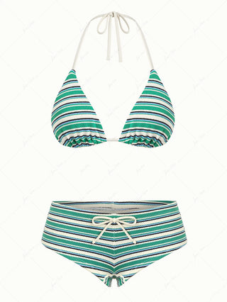 Green Knit Striped Textured Triangle Cheeky Boyshorts Bikini Set