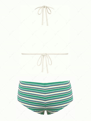 Green Knit Striped Textured Triangle Cheeky Boyshorts Bikini Set