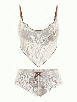 Crystal Cream Lace Contrast Piping Hanky Hem Cheeky Boyshorts Tankini Set