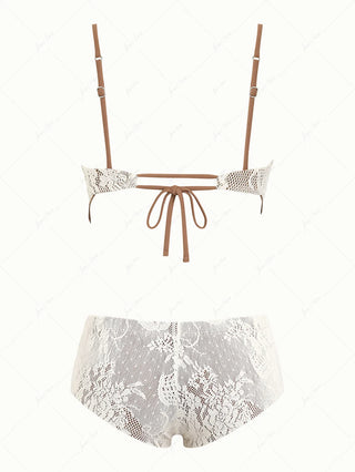 Crystal Cream Lace Contrast Piping Hanky Hem Cheeky Boyshorts Tankini Set
